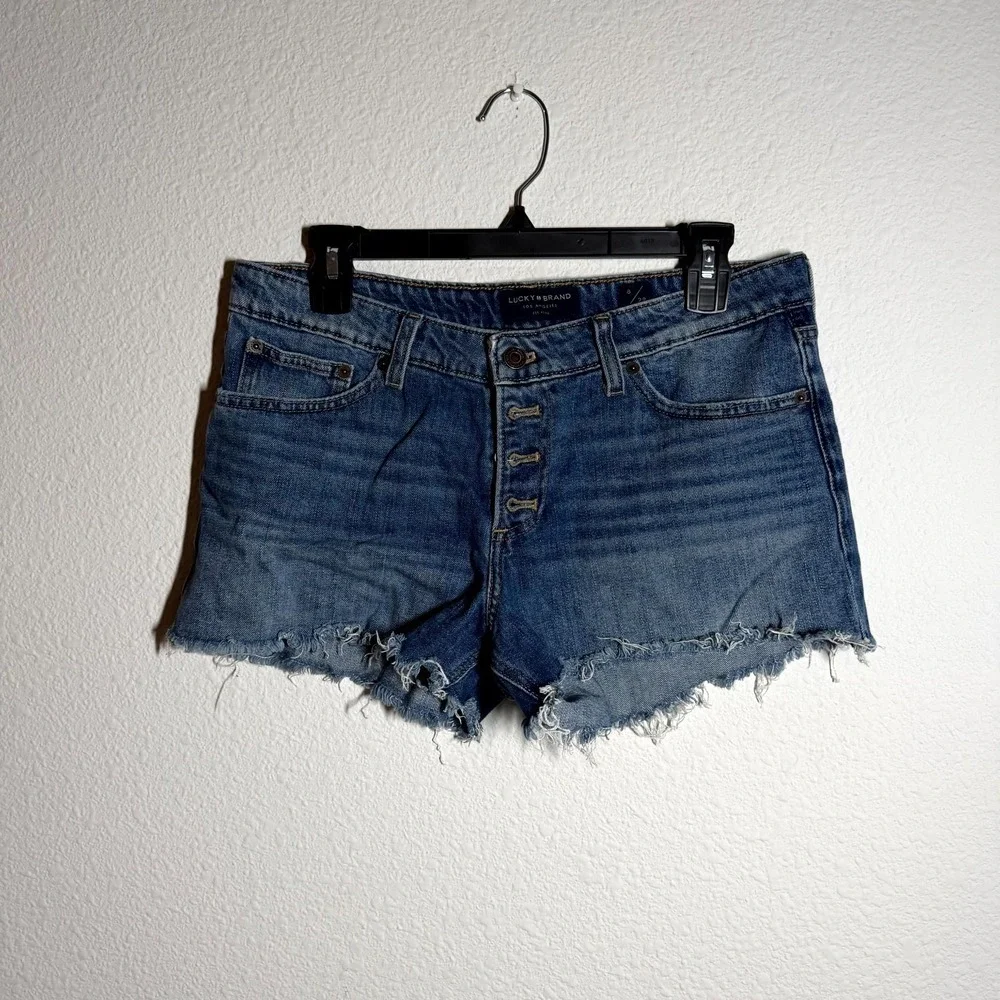 Lucky Brand Los Angeles Cut Off Shorts Women 8 Blue Denim Logo Frayed Hem Casual - Picture 1 of 7